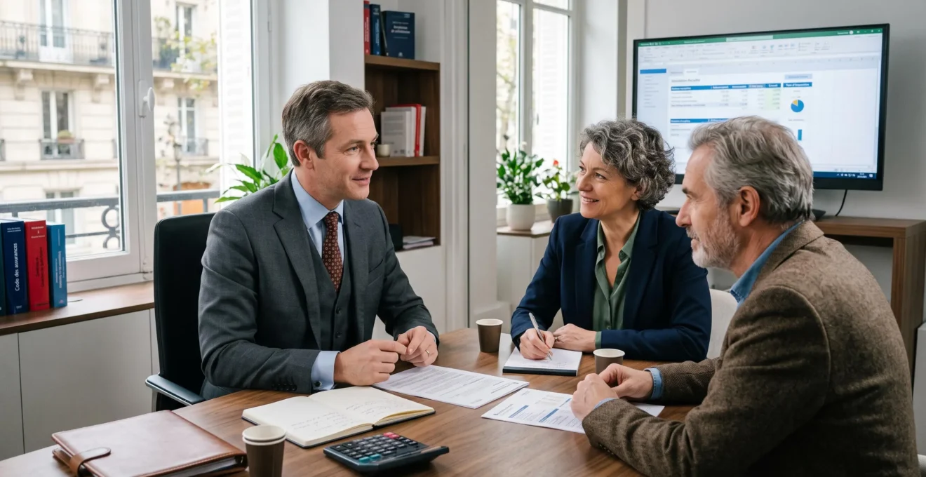 Conseiller en gestion de patrimoine expliquant à un couple la fiscalité de leur contrat d'assurance vie dans un bureau contemporain avec documents et écran de simulation