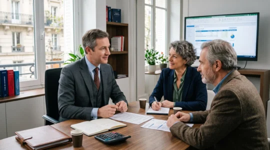 Conseiller en gestion de patrimoine expliquant à un couple la fiscalité de leur contrat d'assurance vie dans un bureau contemporain avec documents et écran de simulation