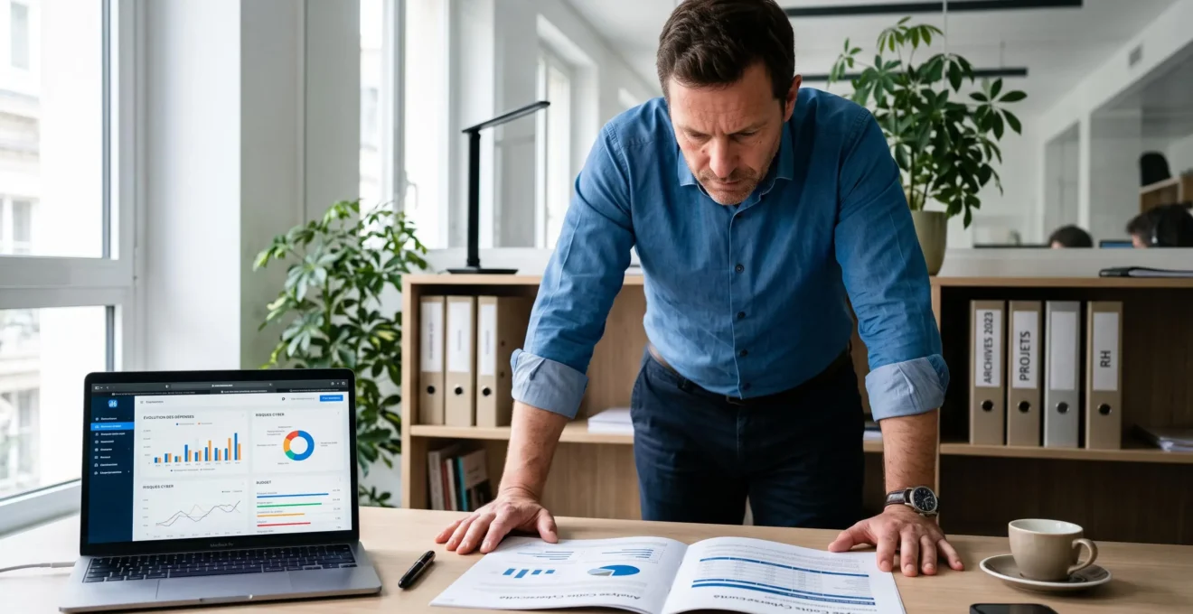 Dirigeant d'entreprise debout analysant un rapport de coûts cybersécurité sur son bureau, avec laptop affichant un tableau de bord, concentration sur les chiffres et l'analyse financière.