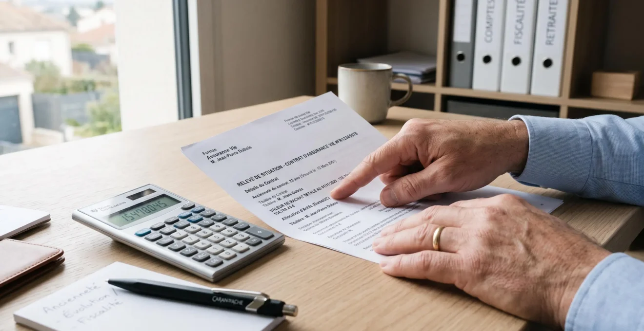 Mains d'un épargnant consultant son relevé de contrat d'assurance vie avec calculette pour vérifier l'ancienneté de 8 ans
