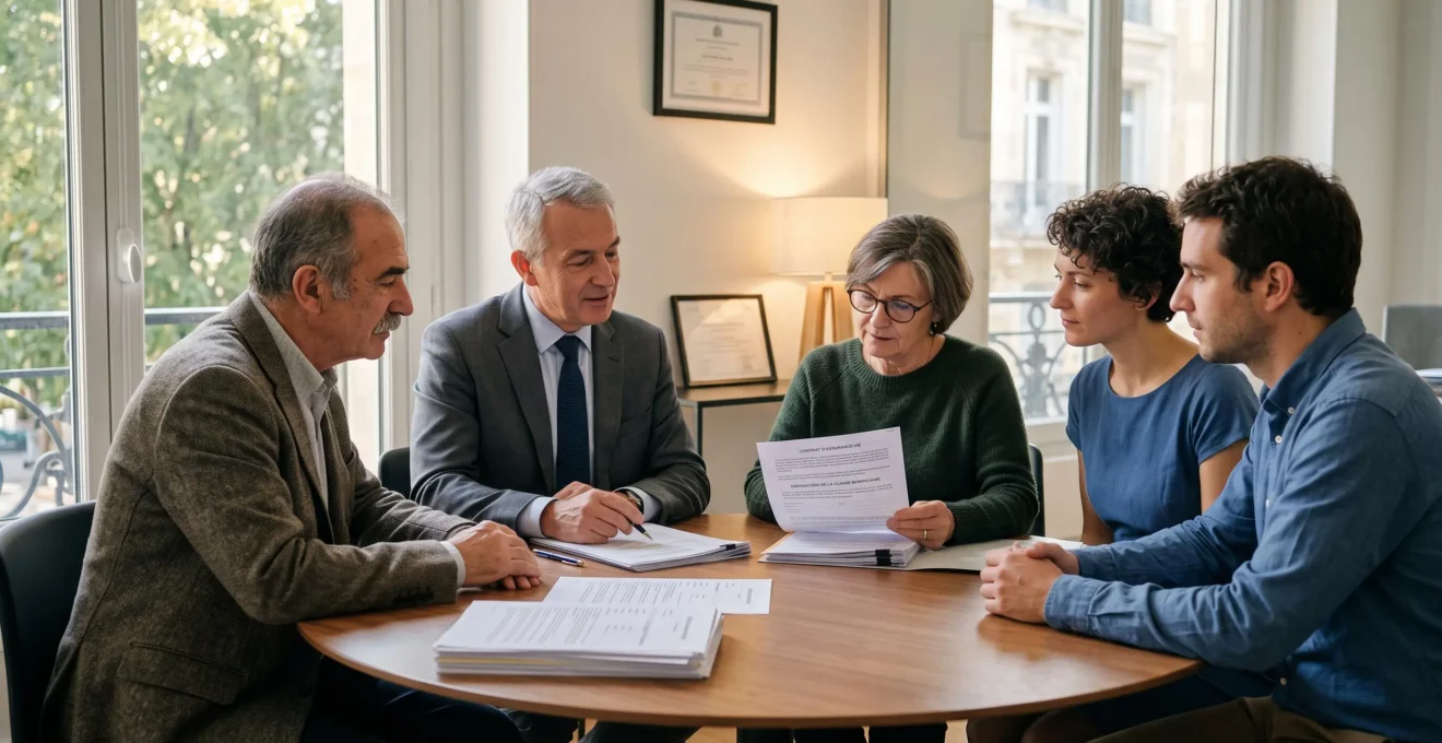 Notaire expliquant à une famille réunie autour d'une table les modalités de la clause bénéficiaire d'un contrat d'assurance vie