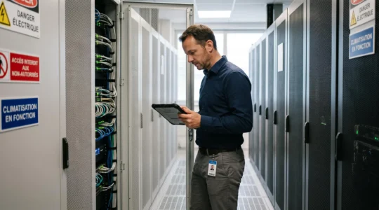 Salle serveur d'entreprise moderne avec baies de serveurs actives et technicien informatique effectuant une vérification sur tablette, infrastructure réseau organisée avec voyants LED verts et bleus, câblage structuré visible.
