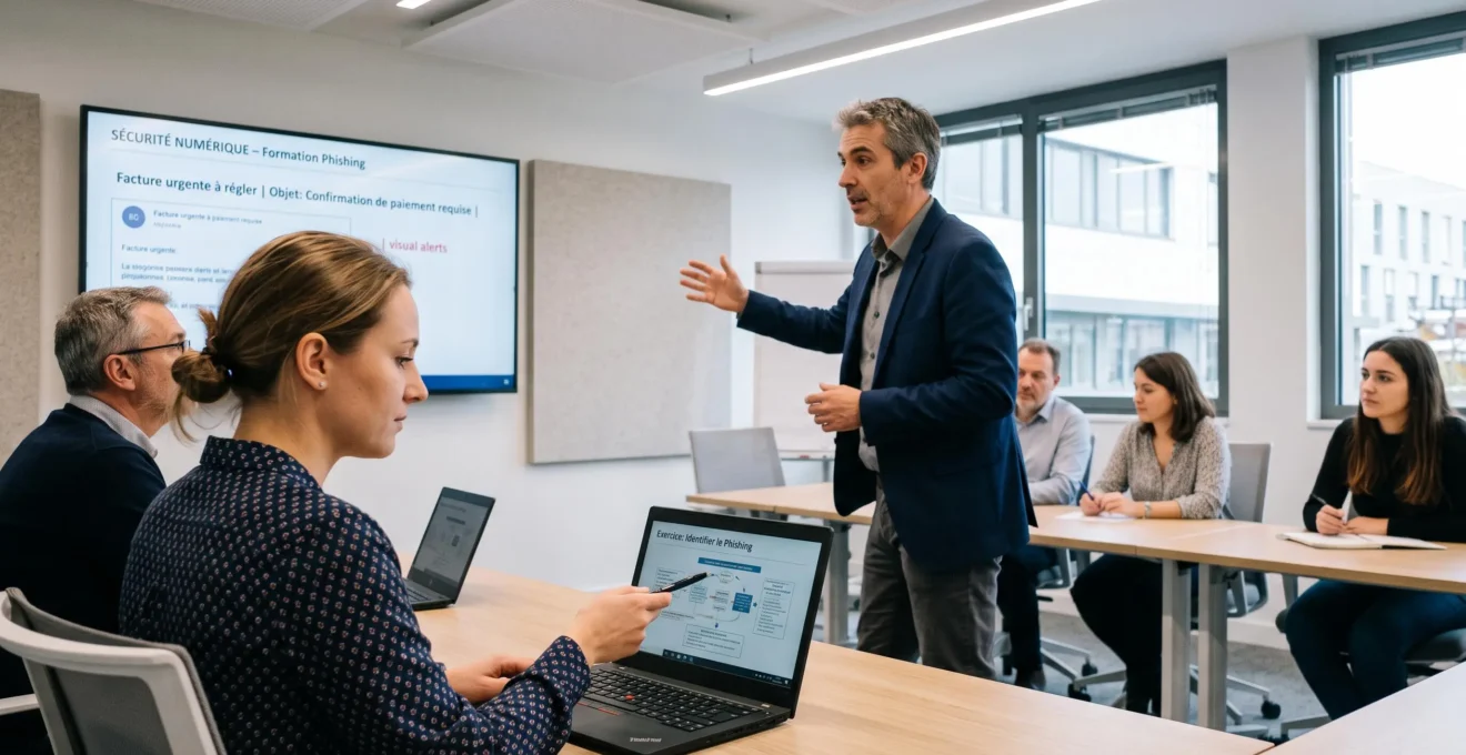 Session de formation cybersécurité en entreprise : formateur expliquant un exemple d'email de phishing projeté sur grand écran, collaboratrice au premier plan consultant son laptop, salle de réunion moderne.