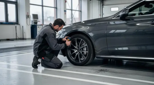 Un expert automobile examine la carrosserie d'une berline haut de gamme dans un centre d'expertise français.