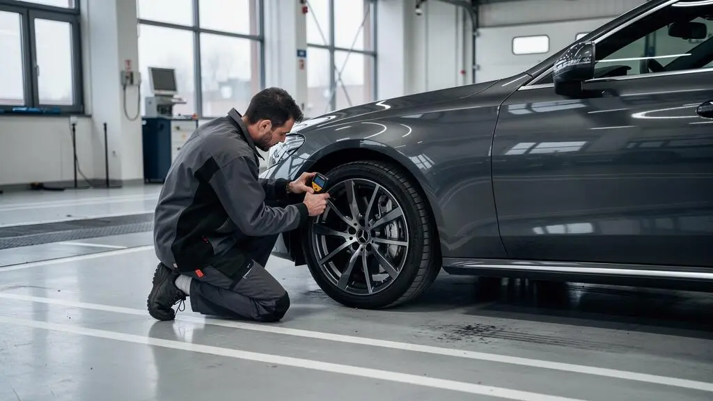 Un expert automobile examine la carrosserie d'une berline haut de gamme dans un centre d'expertise français.