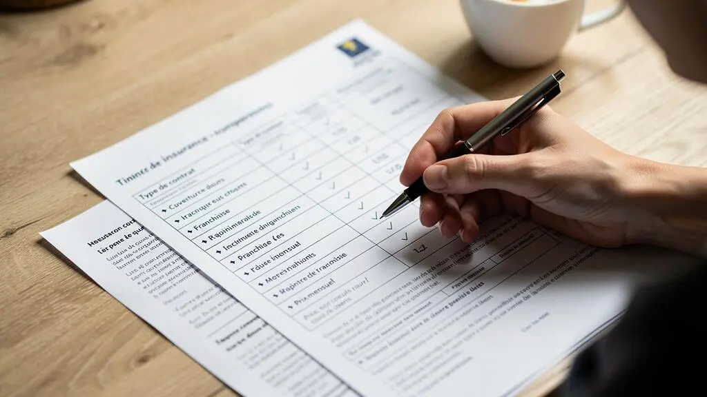 Une main pointant avec un stylo une ligne d'un tableau comparatif de contrats d'assurance posé sur une table.
