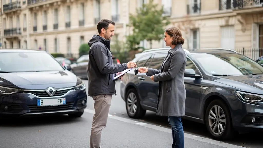 Un opérateur d'assistance remet les clés d'un véhicule de remplacement à un automobiliste sur une rue française.